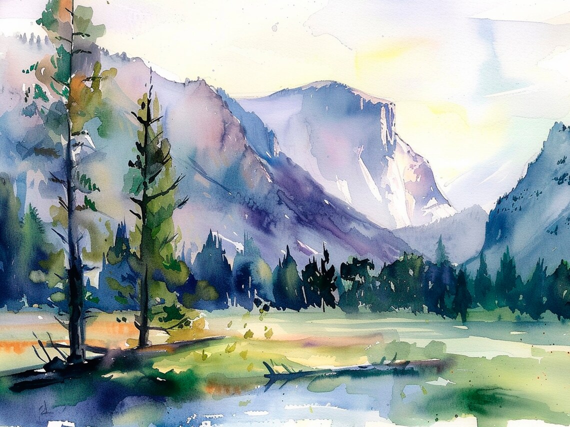 Yosemite Landscape Watercolor Art Print Pine Trees Watercolor Painting National Park Art Poster Travel Gifts By Feelingprints