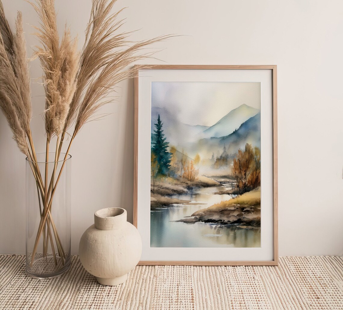 Colorado Landscape Watercolor Art Print, Neutral Mountains - Image 5