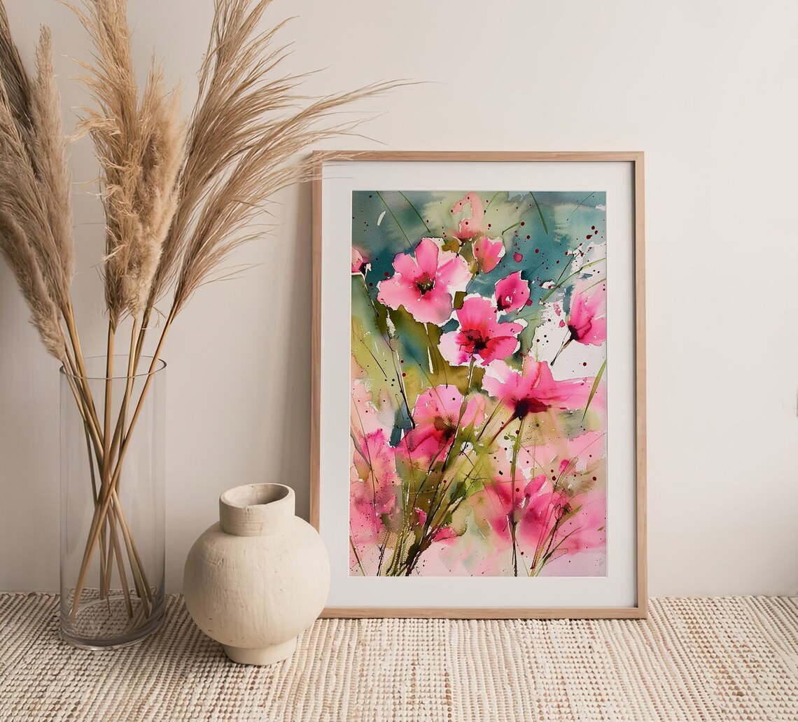 Pink Daisy Flowers Watercolor Abstract Wildflowers Modern Art Print - Image 3