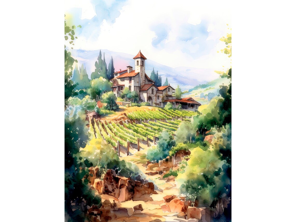 Stunning Willamette Valley Vineyard Estate Oregon Watercolor Poster