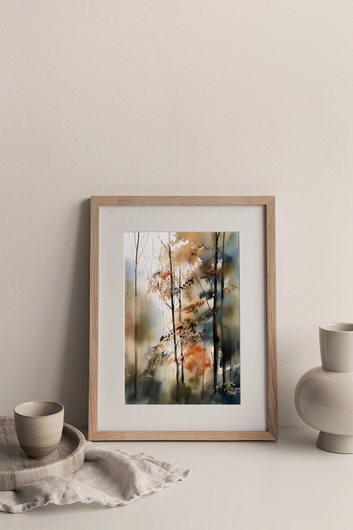 Misty Forest Watercolor Autumn Trees Amber Golden Woodland Poster - Image 2