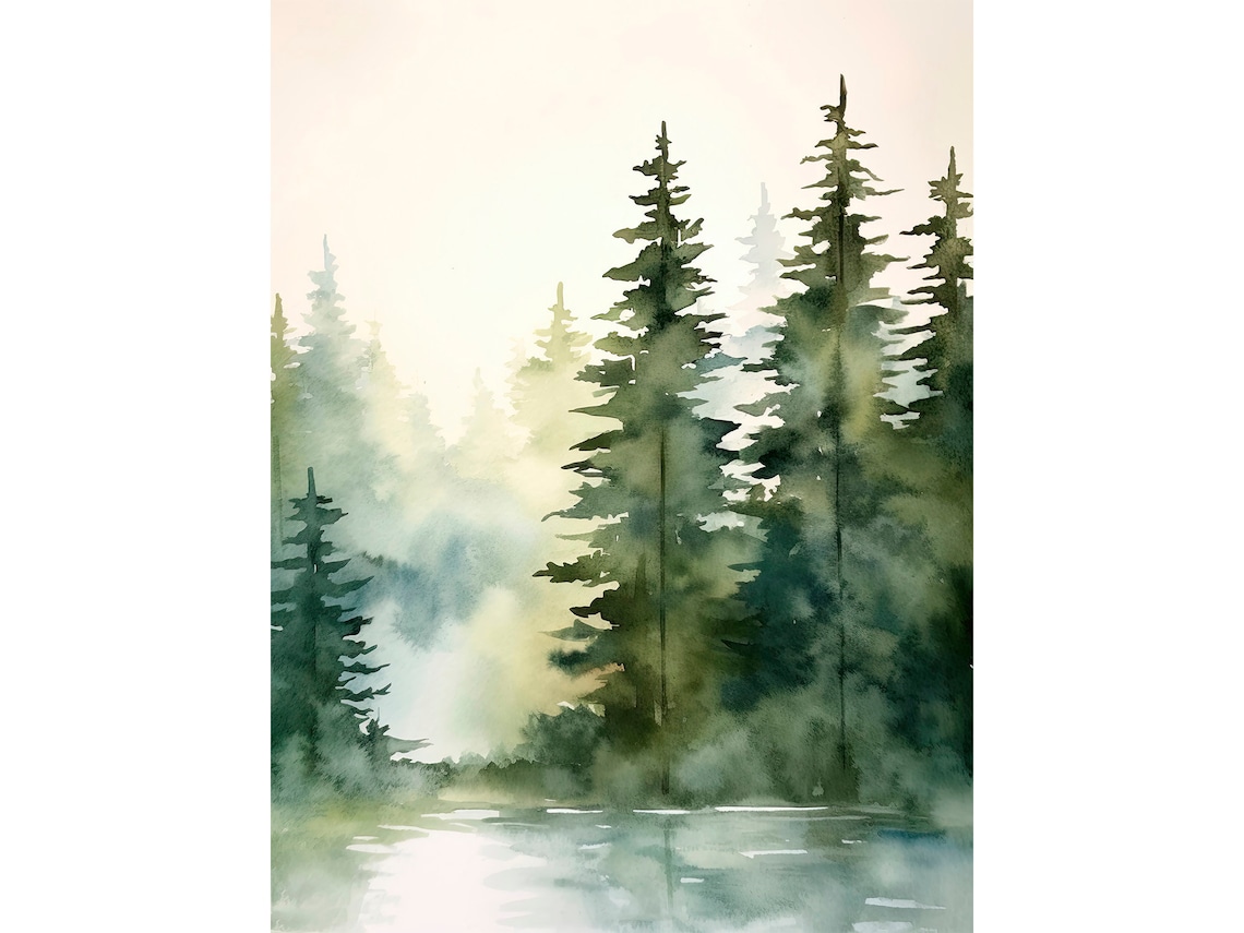 Tahoe Lake Watercolor Art Print, Pine Forest Landscape