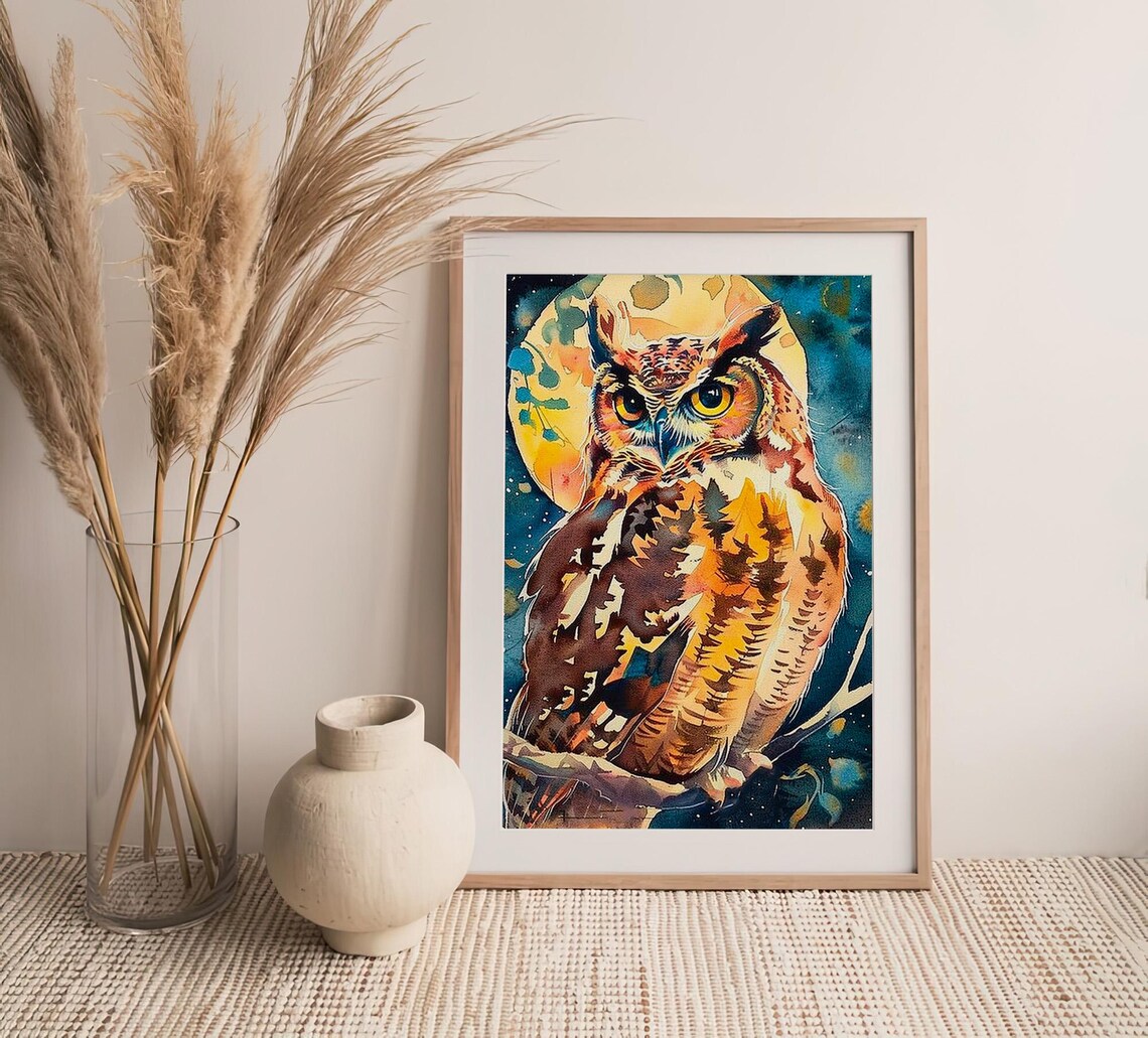 Great Horned Owl Golden Full Moon Watercolor Wildlife Art Poster - Image 4