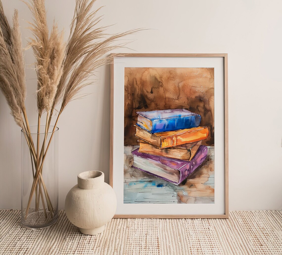 Books Watercolor Painting, Farmhouse Library Art Print - Image 2