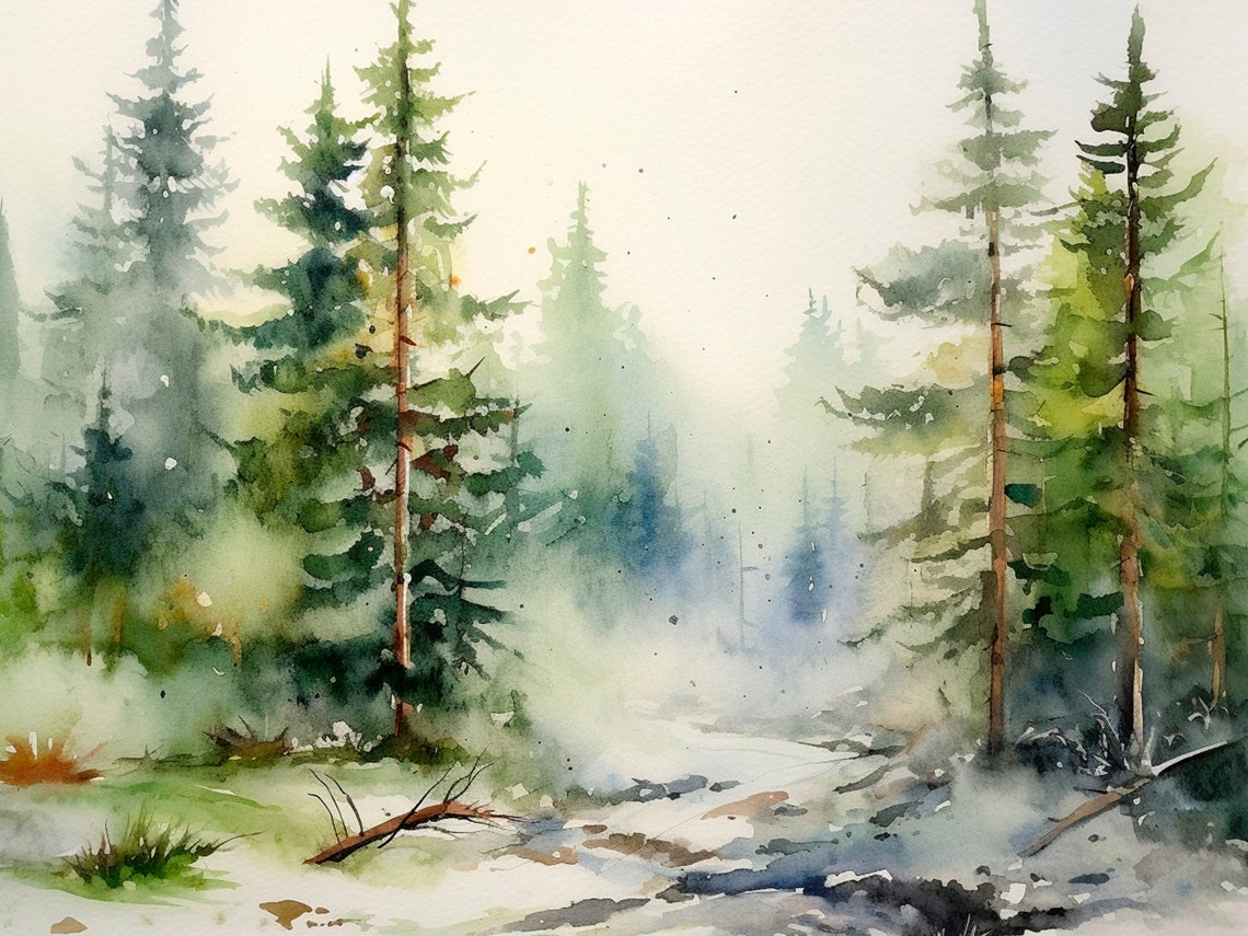 Rocky Mountain Misty Pine Forest Stream Morning Watercolor Poster
