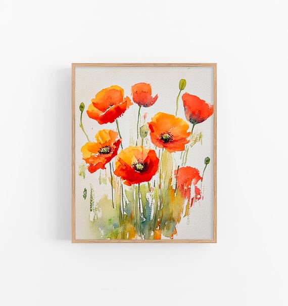 Poppies Watercolor Floral Art Print, Meadow Flowers