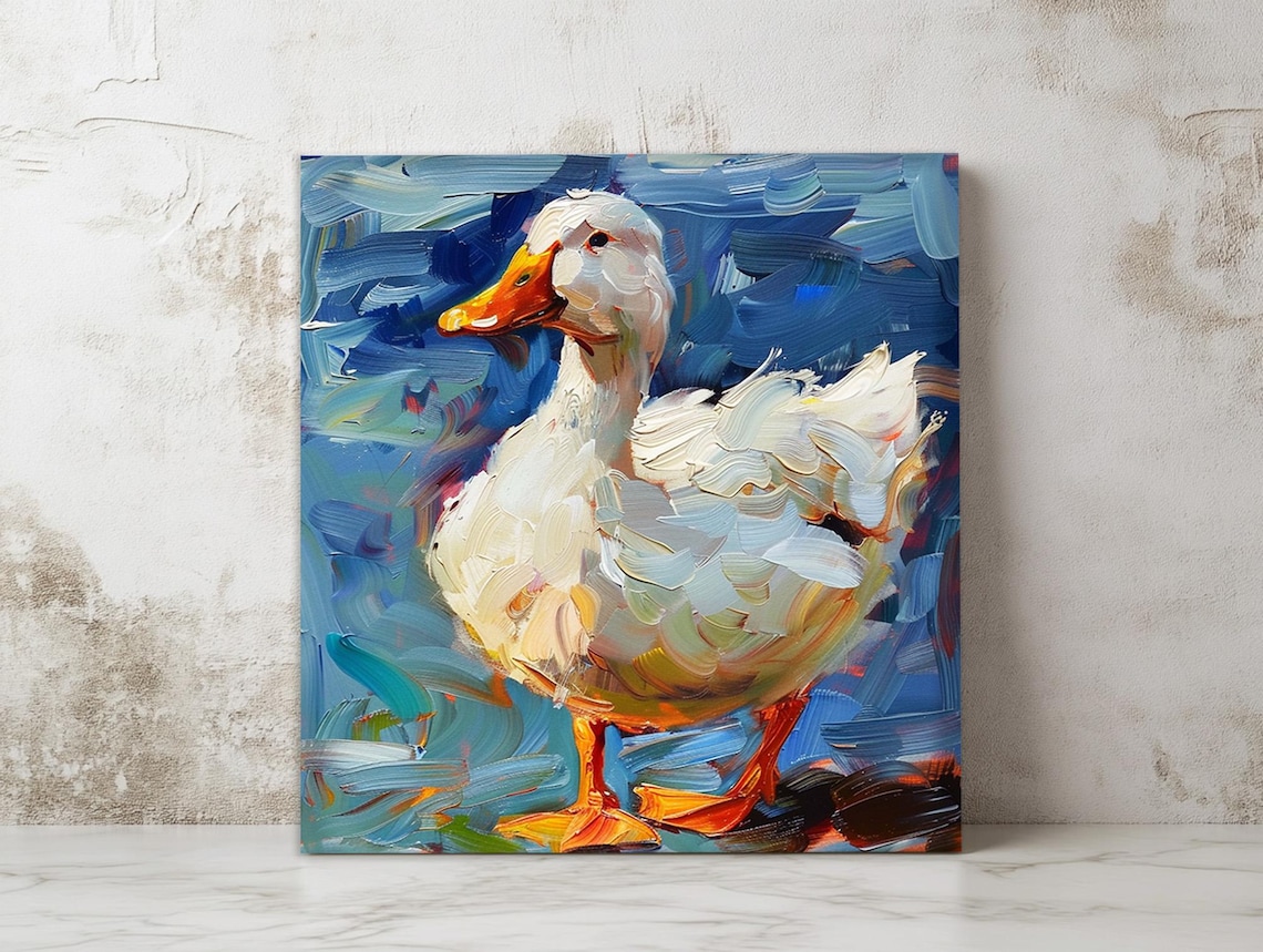 White Duck Oil Painting Impasto Bird Bright Blue Nature Art Poster - Image 2