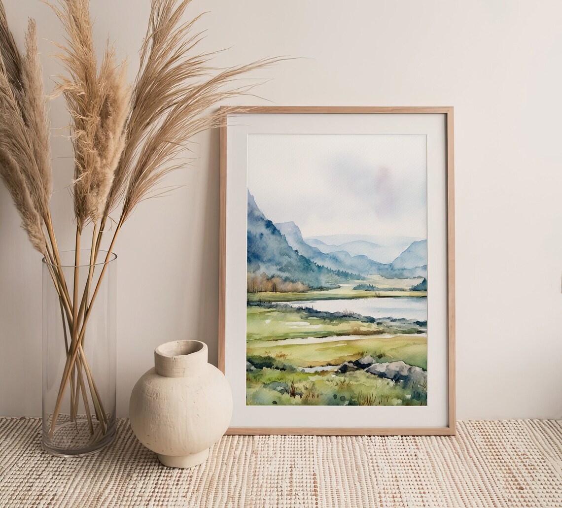 Tranquil Green Valley Watercolor Misty Mountains Lake Landscape Print - Image 3