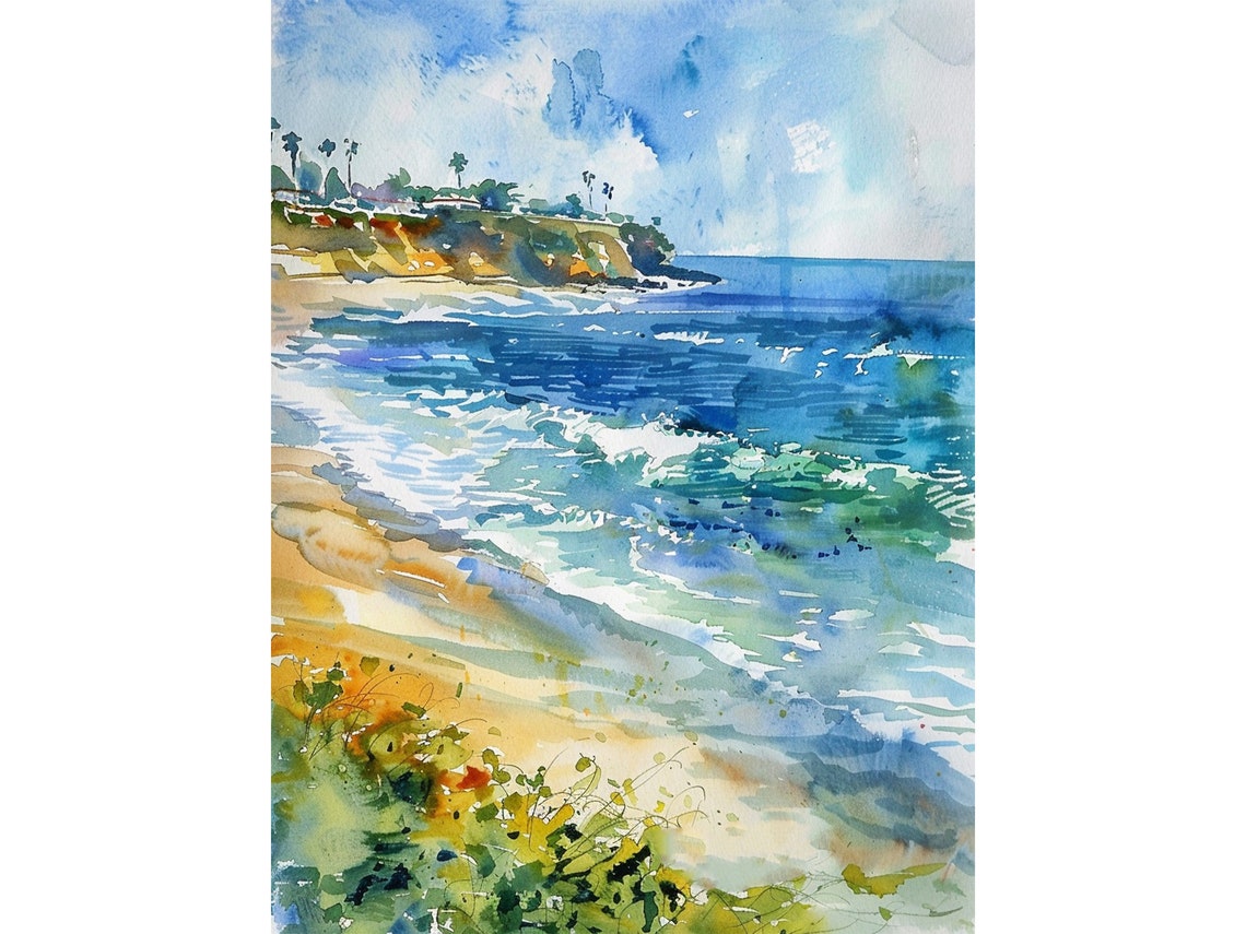 La Jolla San Diego Beach Waves Watercolor Coastal Scene Poster