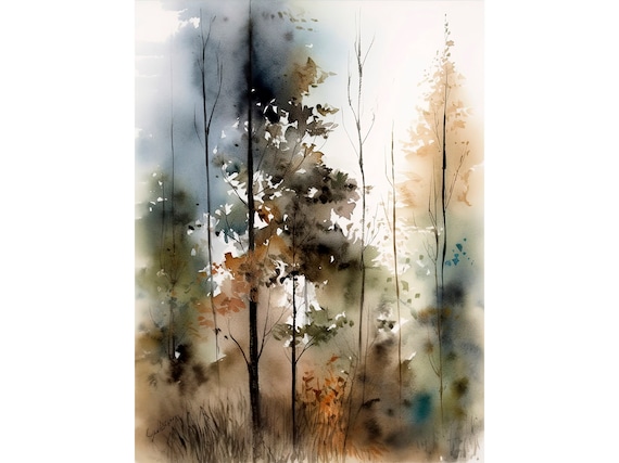 Foggy Forest Watercolor Art Print, Vermont Landscape