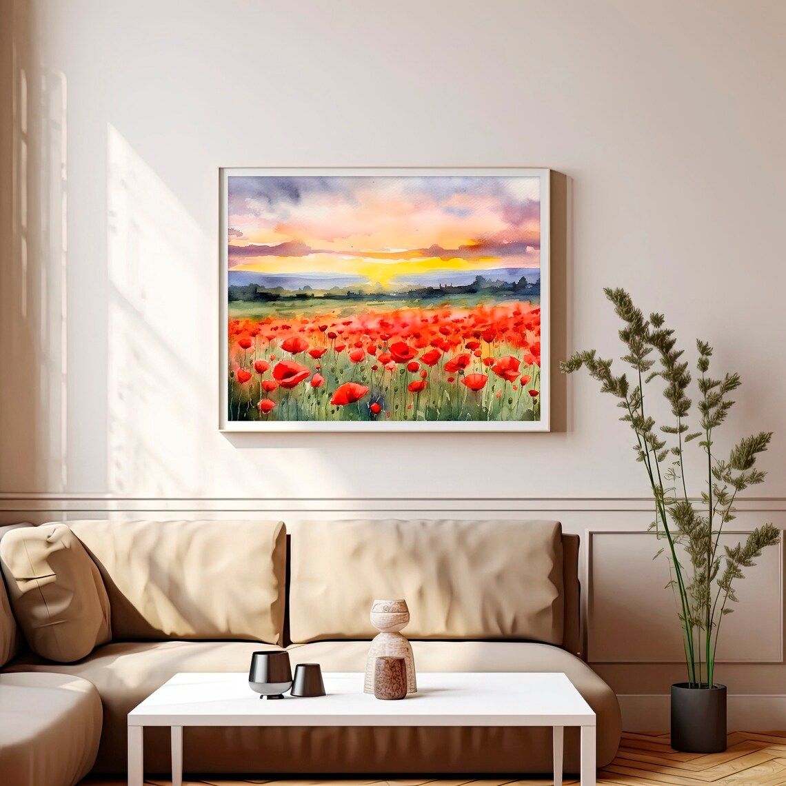 Poppy Meadow Landscape Watercolor Art Print, Tuscany - Image 5