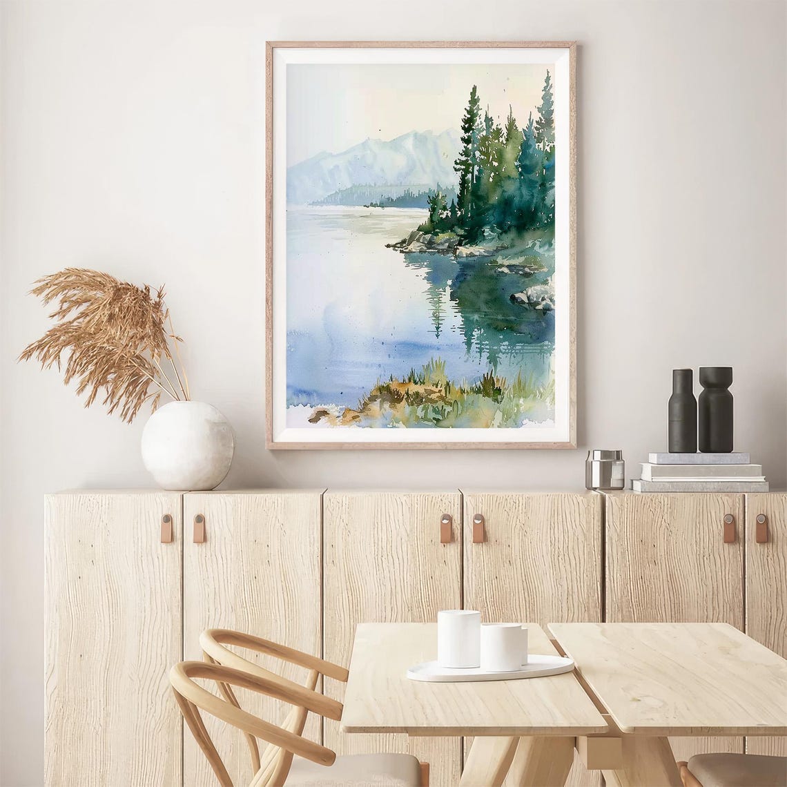 Lake Tahoe Pine Shoreline Misty Mountains Calm Watercolor Lake Poster - Image 5