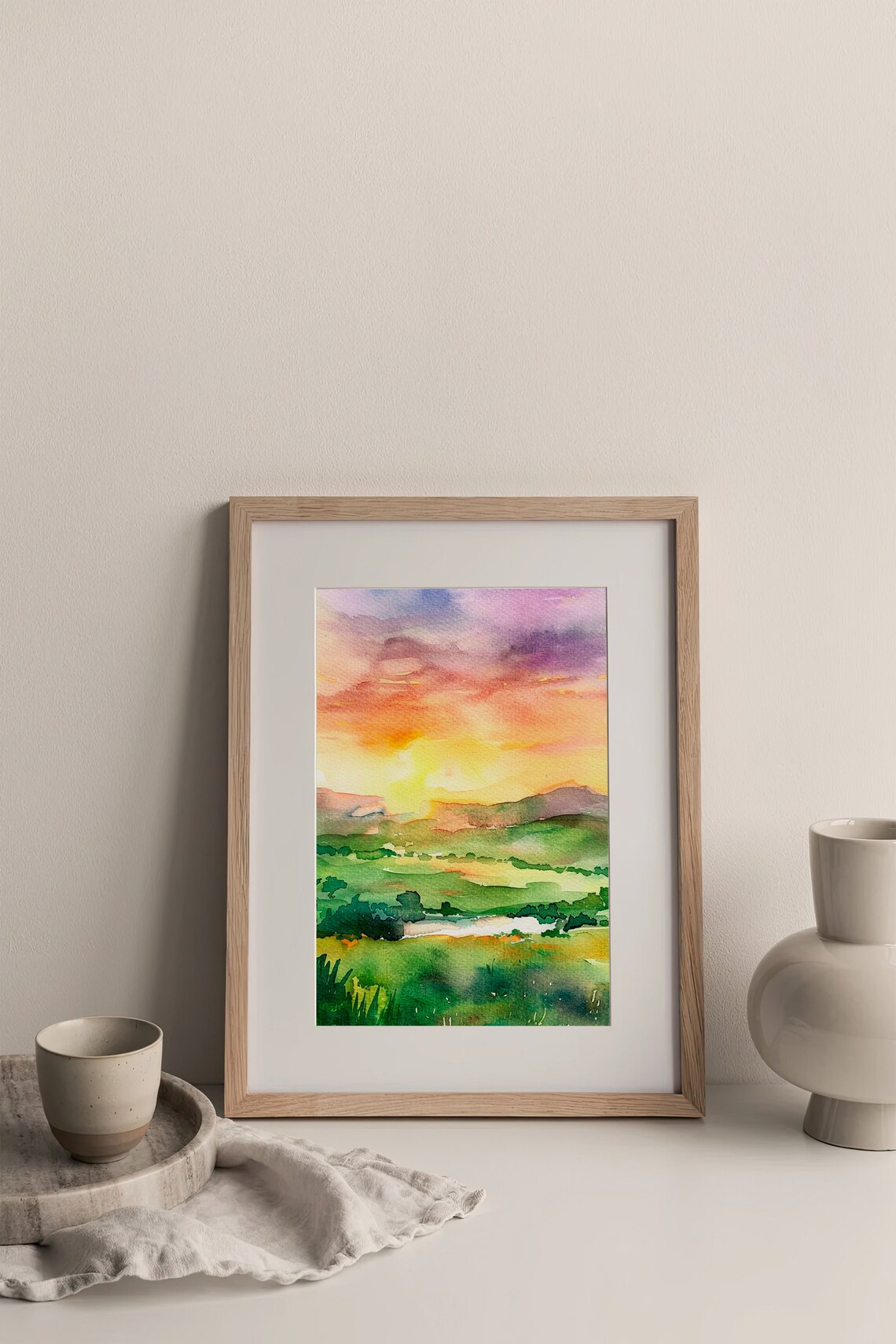 Ireland Watercolor Landscape Art Print, Sunset Meadow - Image 3