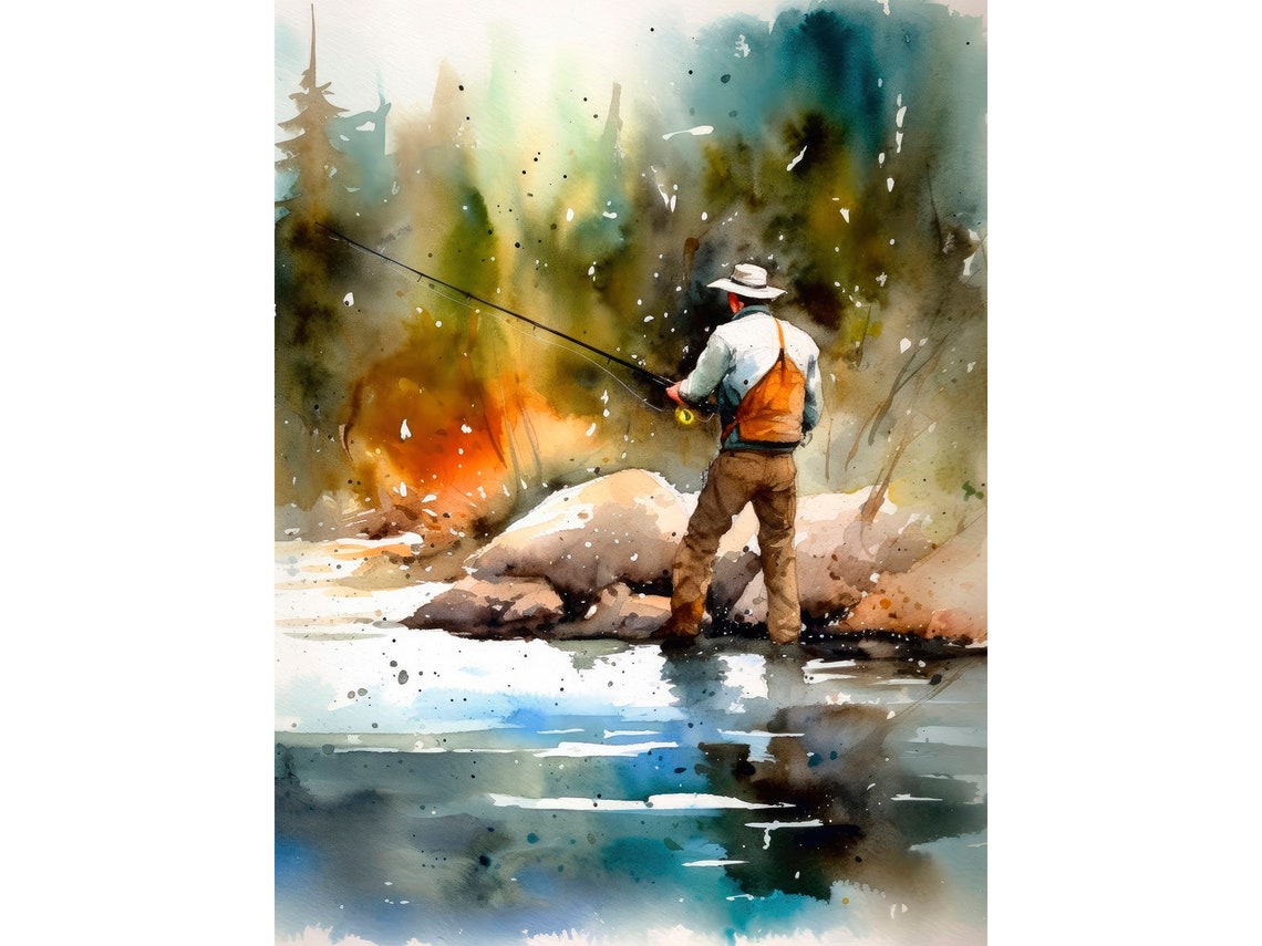 Fly Fisherman Watercolor Casting Rod on Mountain River Poster