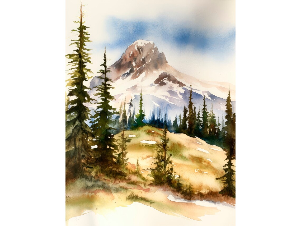 Mount Rainier Watercolor Painting, Washington Landscape