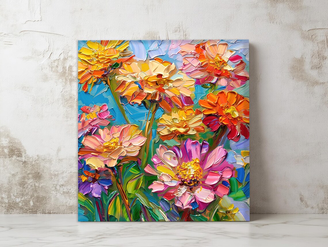 Zinnia Flowers Oil Painting Colorful Impasto Floral Garden Poster - Image 2
