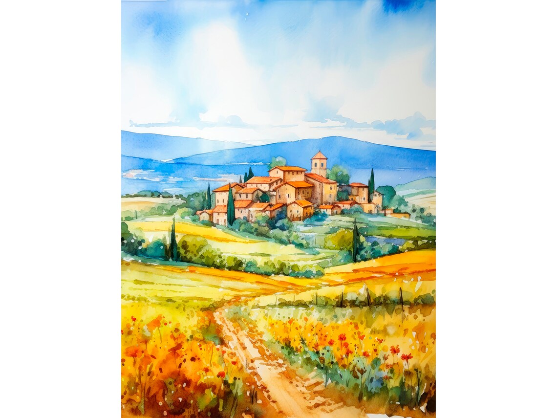 Tuscany Watercolor Sunflower Fields Travel Poster