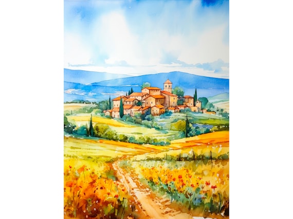 Tuscany Watercolor Sunflower Fields Travel Poster