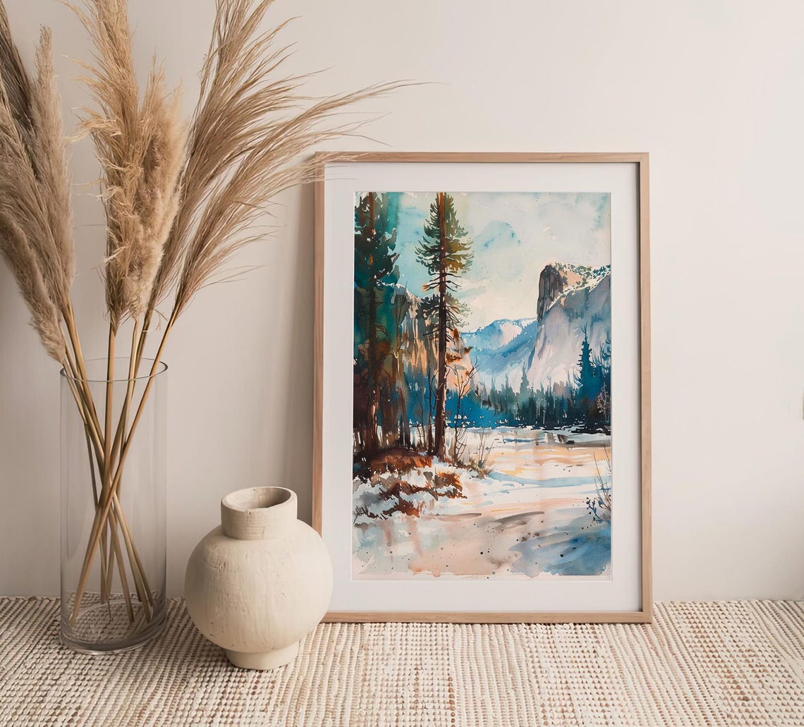 Yosemite Winter Valley Watercolor Pine Forest Scenic Art Poster - Image 4