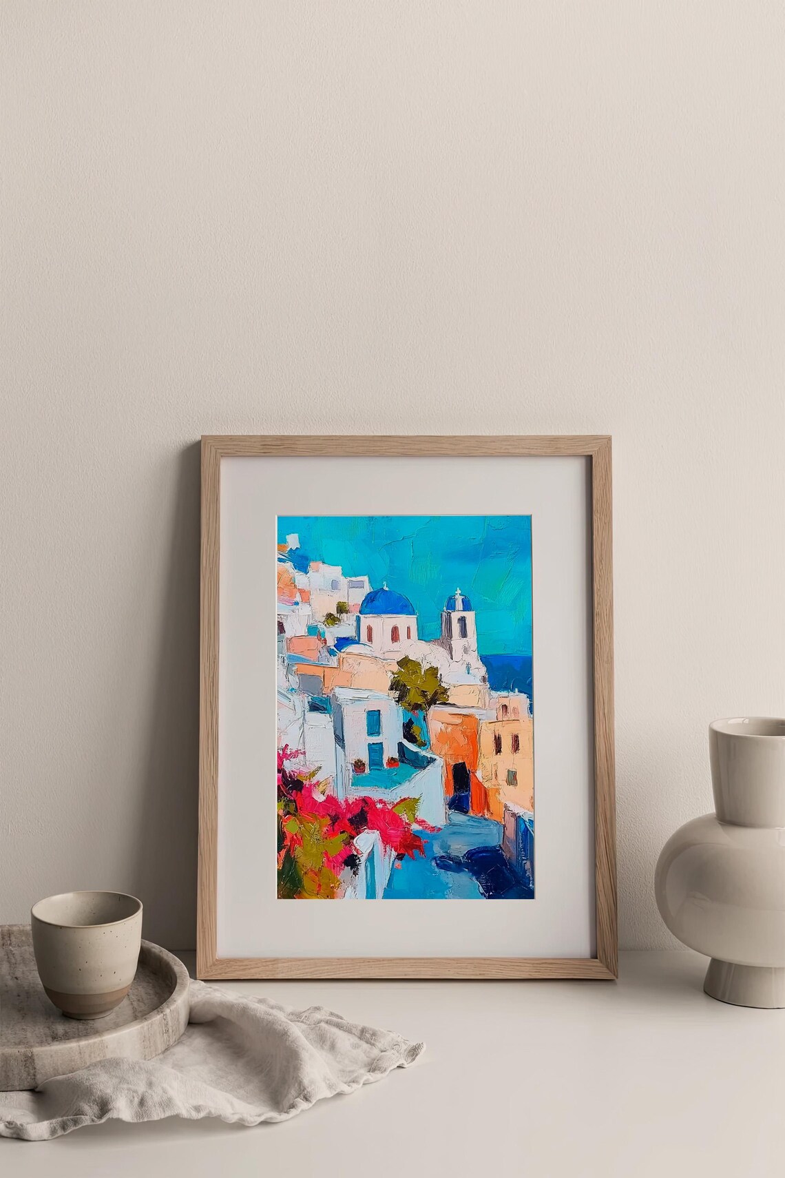 Stunning Santorini Blue Domes Greece Oil Painting Style Poster - Image 3