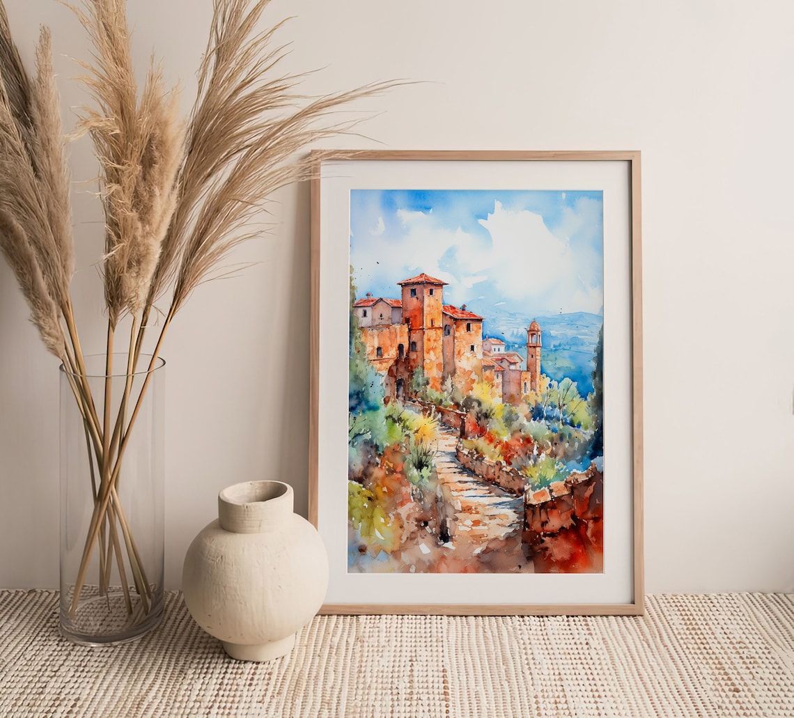Italy Houses Watercolor Art Print, Tuscany Landscape - Image 4