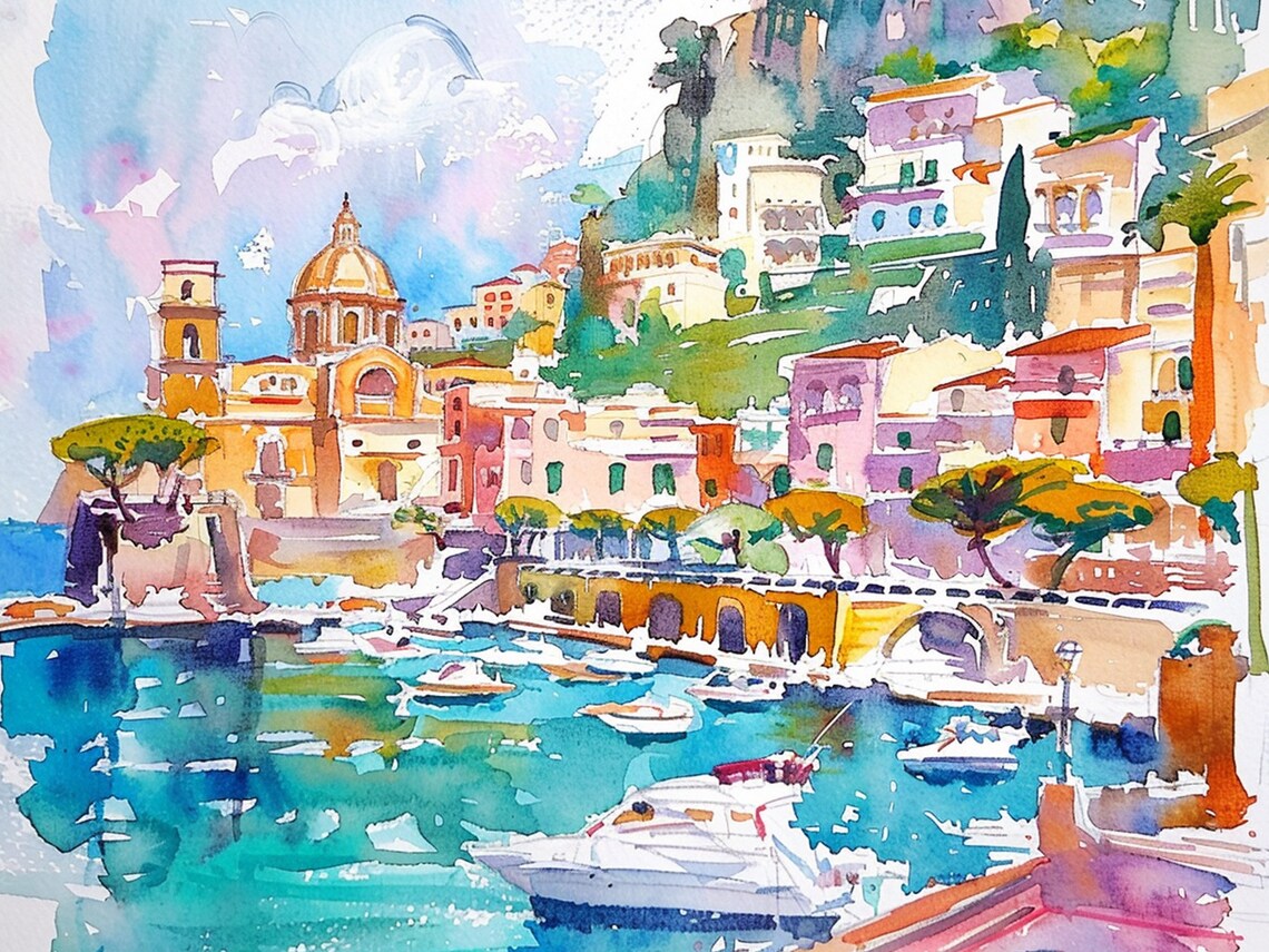 Sorrento Watercolor Cityscape Art Print, Italy Travel