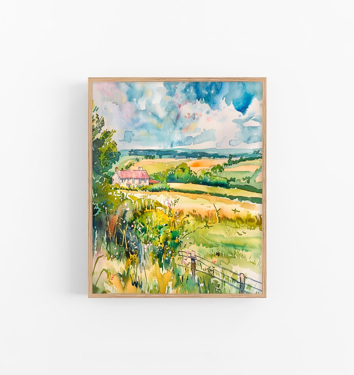 Scottish Countryside Farmhouse Rolling Fields Watercolor Poster