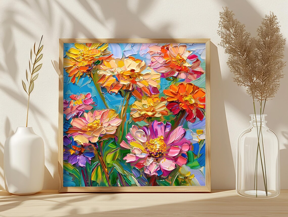 Zinnia Flowers Oil Painting Colorful Impasto Floral Garden Poster - Image 4
