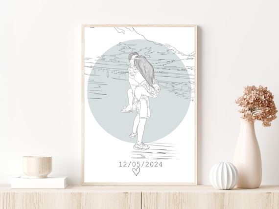 Custom Couple Embrace Line Portrait With Date Personalized Wall Art