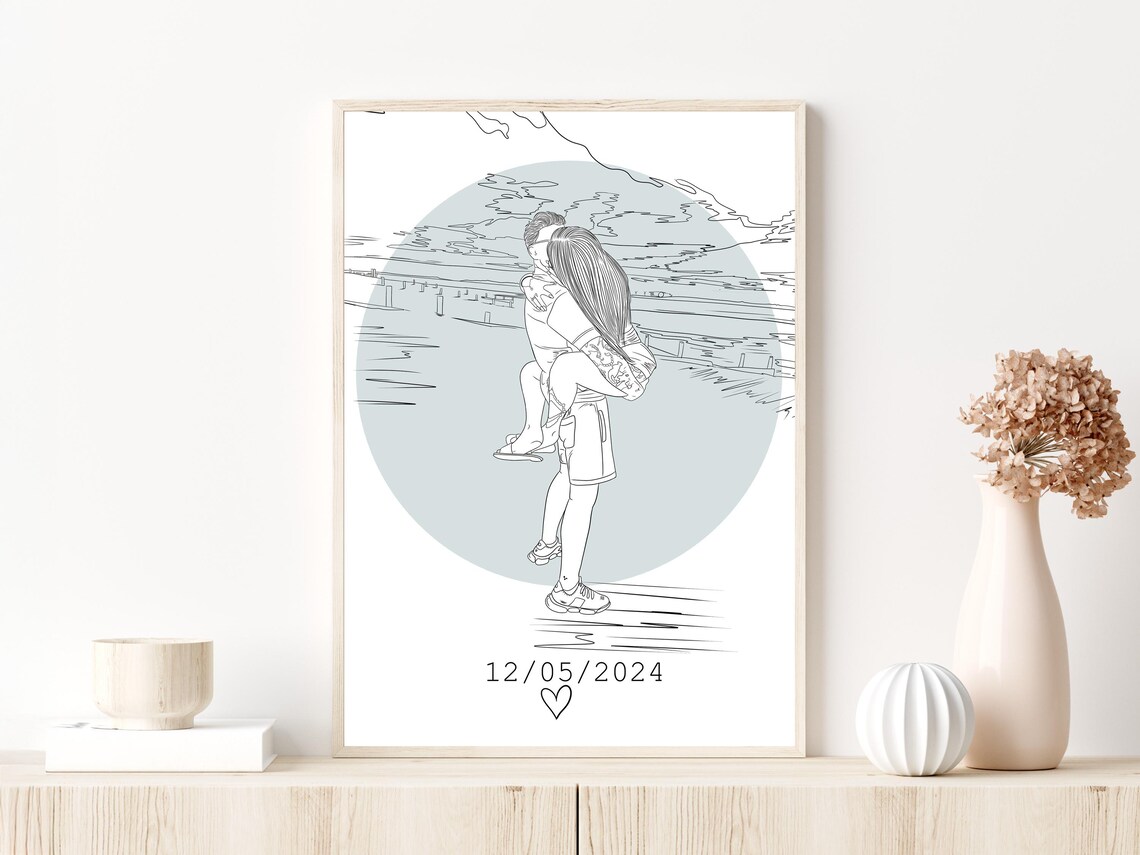 Custom Couple Embrace Line Portrait With Date Personalized Wall Art