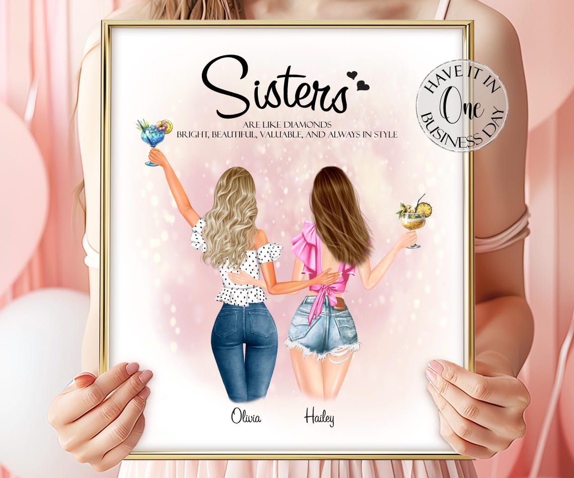 Sisters Like Diamonds Quote Tropical Cocktails Illustration Poster