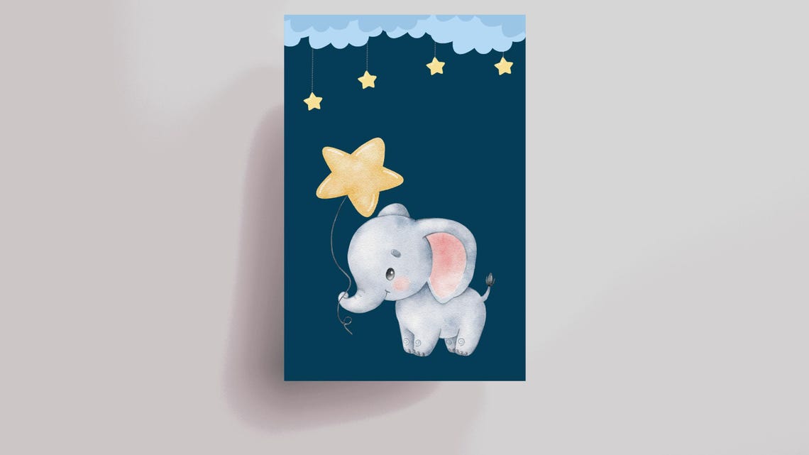 Baby Elephant Holding a Star Balloon Navy Nursery Night Poster - Image 2