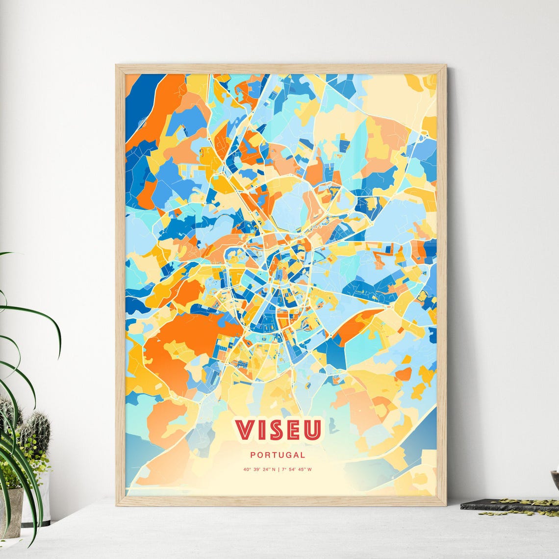 Viseu Portugal Blue Orange Vibrant Abstract City Map Art Poster