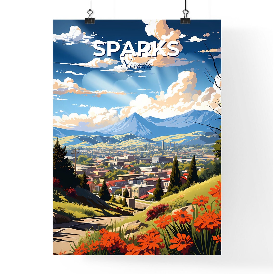 Sparks Nevada Town Beneath Blue Mountains Poppy Flowers Poster - Image 4