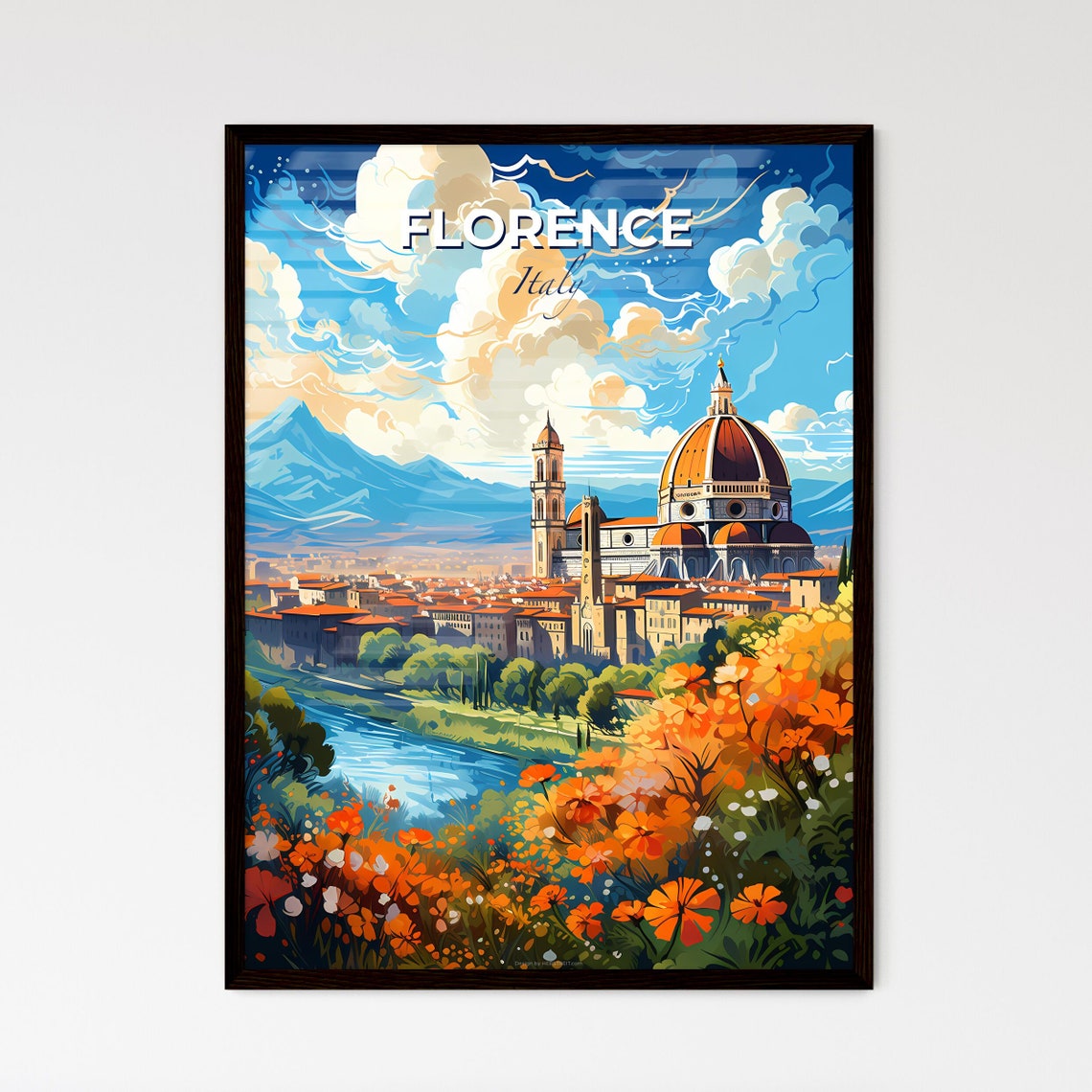 Florence Italy Duomo Cathedral Riverside Blossom View Travel Poster