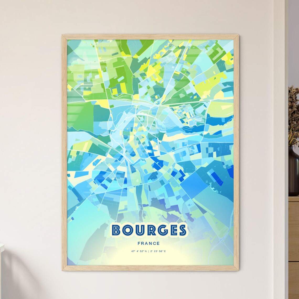 Bourges France Custom Blue Green City Map Art Poster Travel Decor Gift