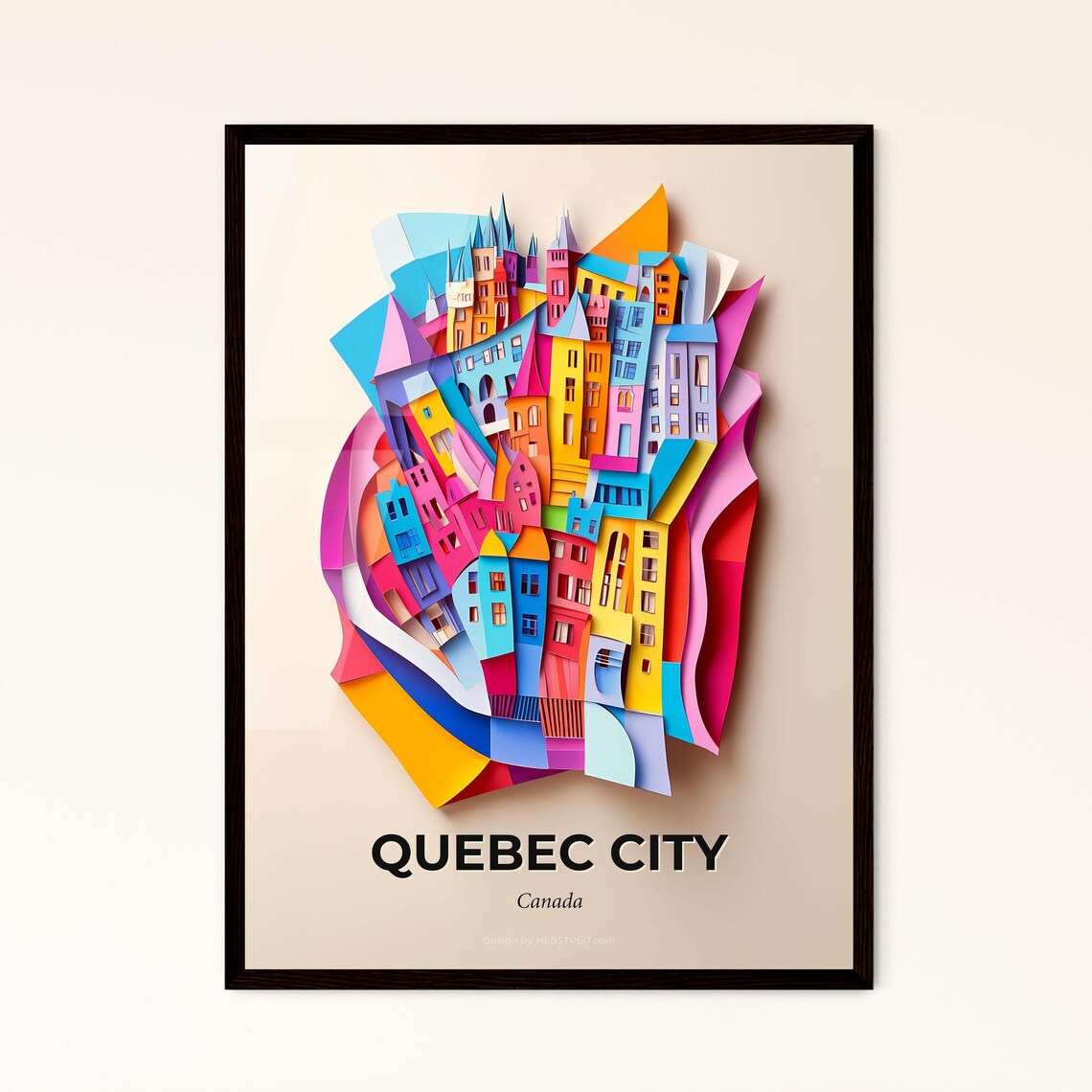 Quebec City Canada Colorful Paper Cut Old Town Spires Travel Poster