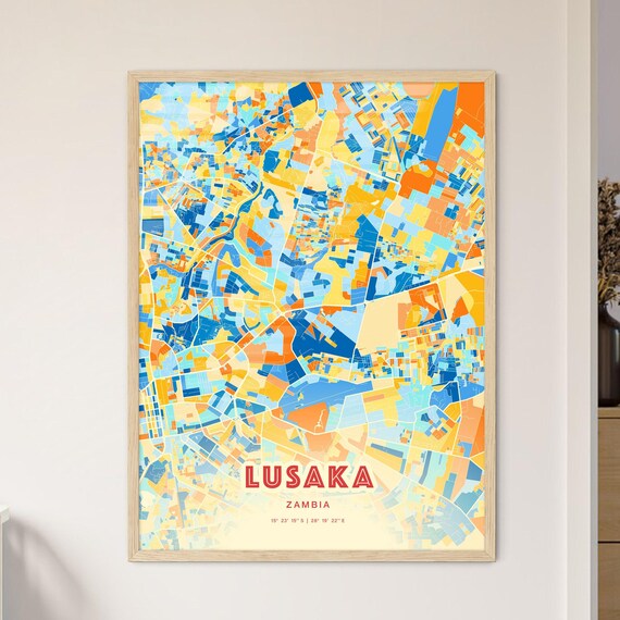 Lusaka Zambia Vivid Blue Orange Colorful Abstract City Map Art Poster