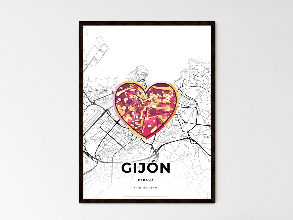 Gijón Spain Modern Romantic Minimalist Heart City Map Art Poster