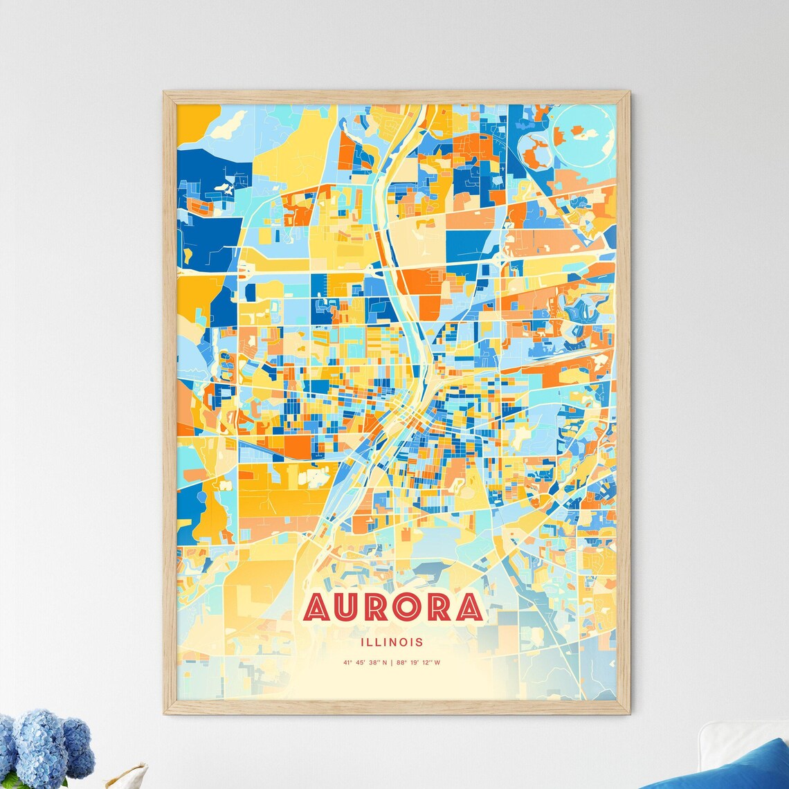 Aurora Illinois Colorful Blue Orange City Street Map Coordinates Poster