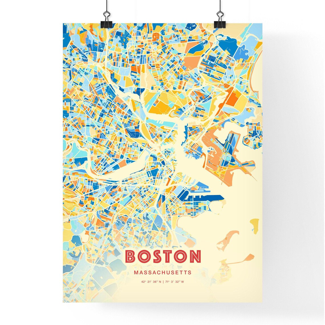 Boston Massachusetts Bold Colorful Blue Orange Fine Art City Map Poster - Image 3