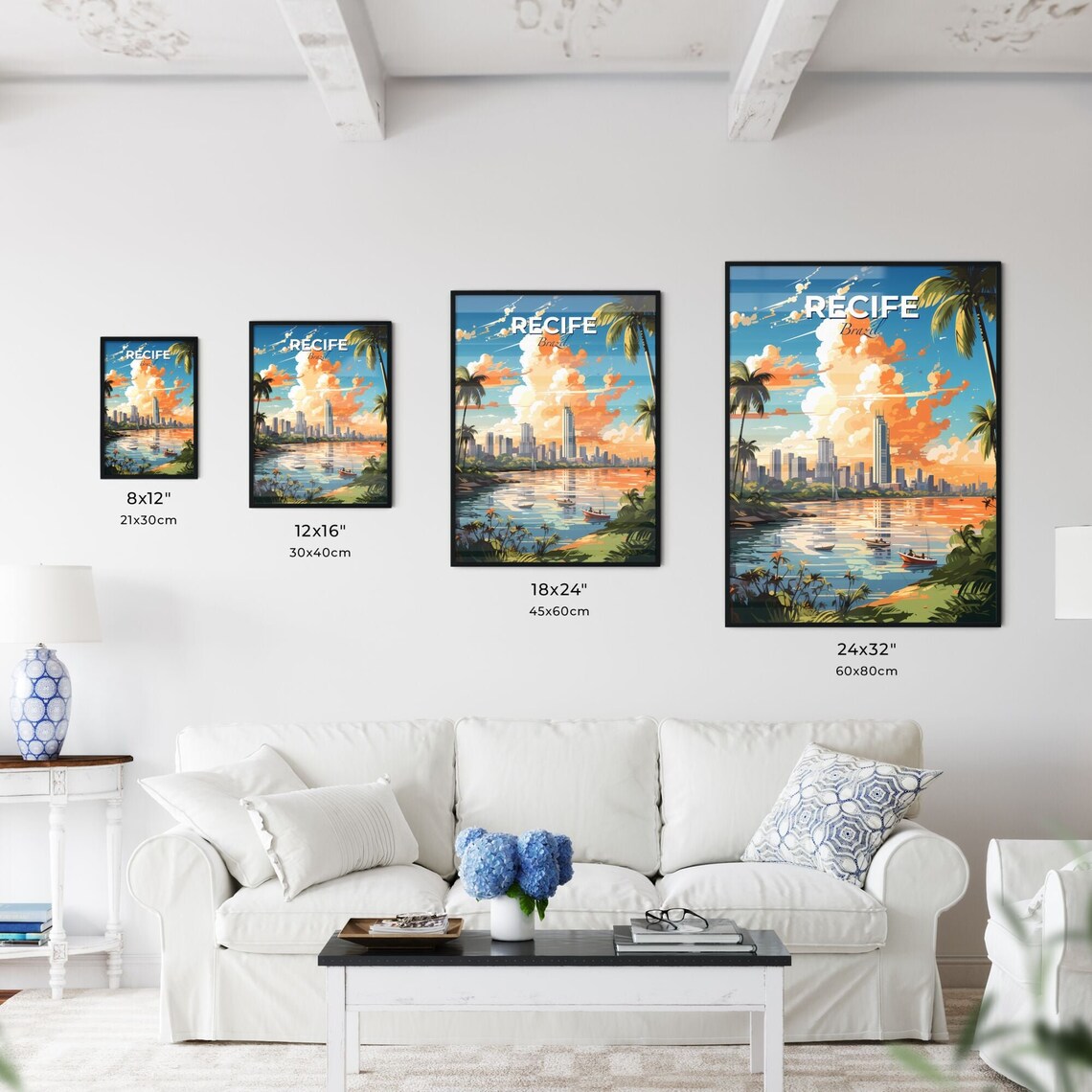 Recife Brazil Skyline Travel Poster Tropical Sunset Palm Trees Waterfront Art - Image 3