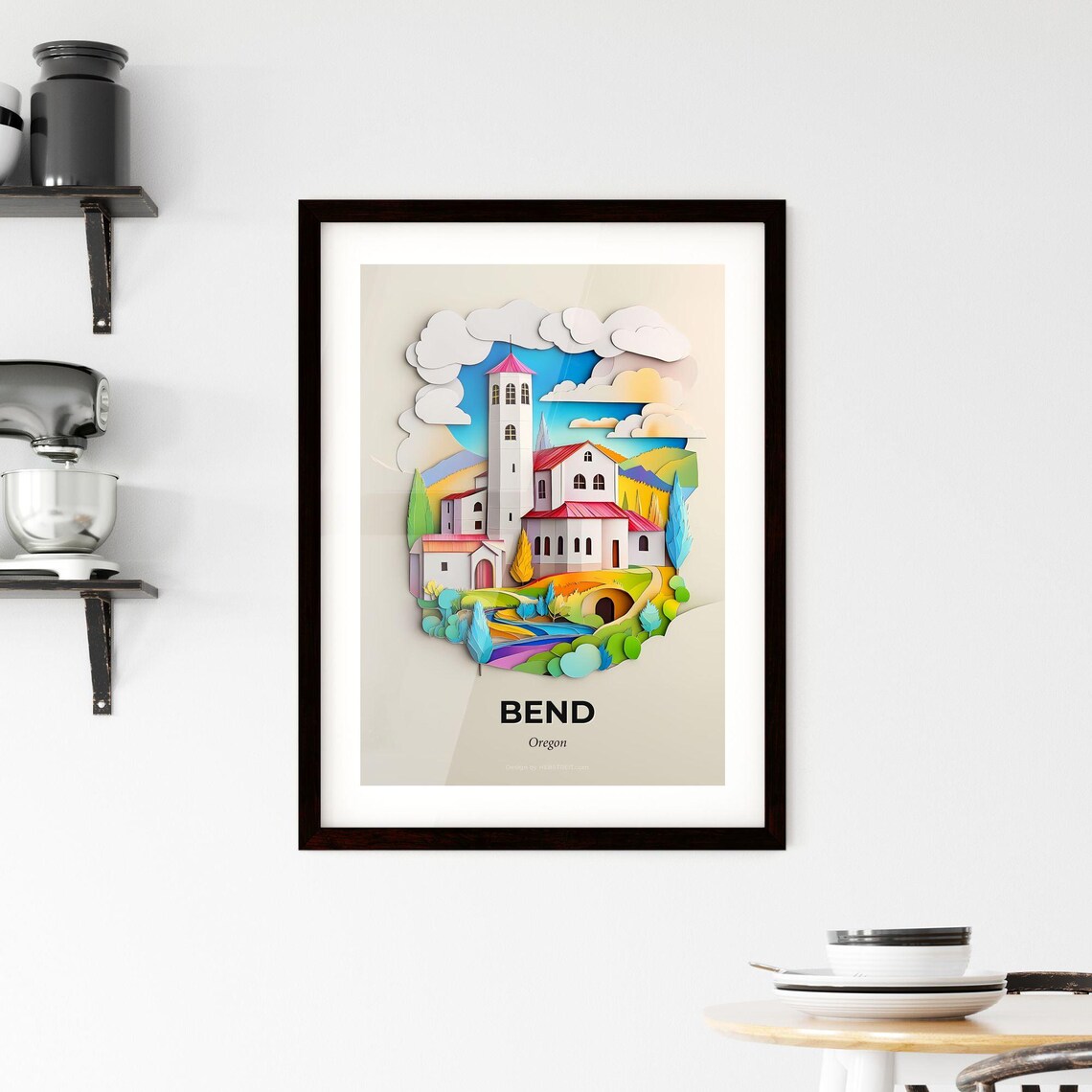 Colorful Bend Oregon Paper Cut Church Town Travel Art Poster - Image 2