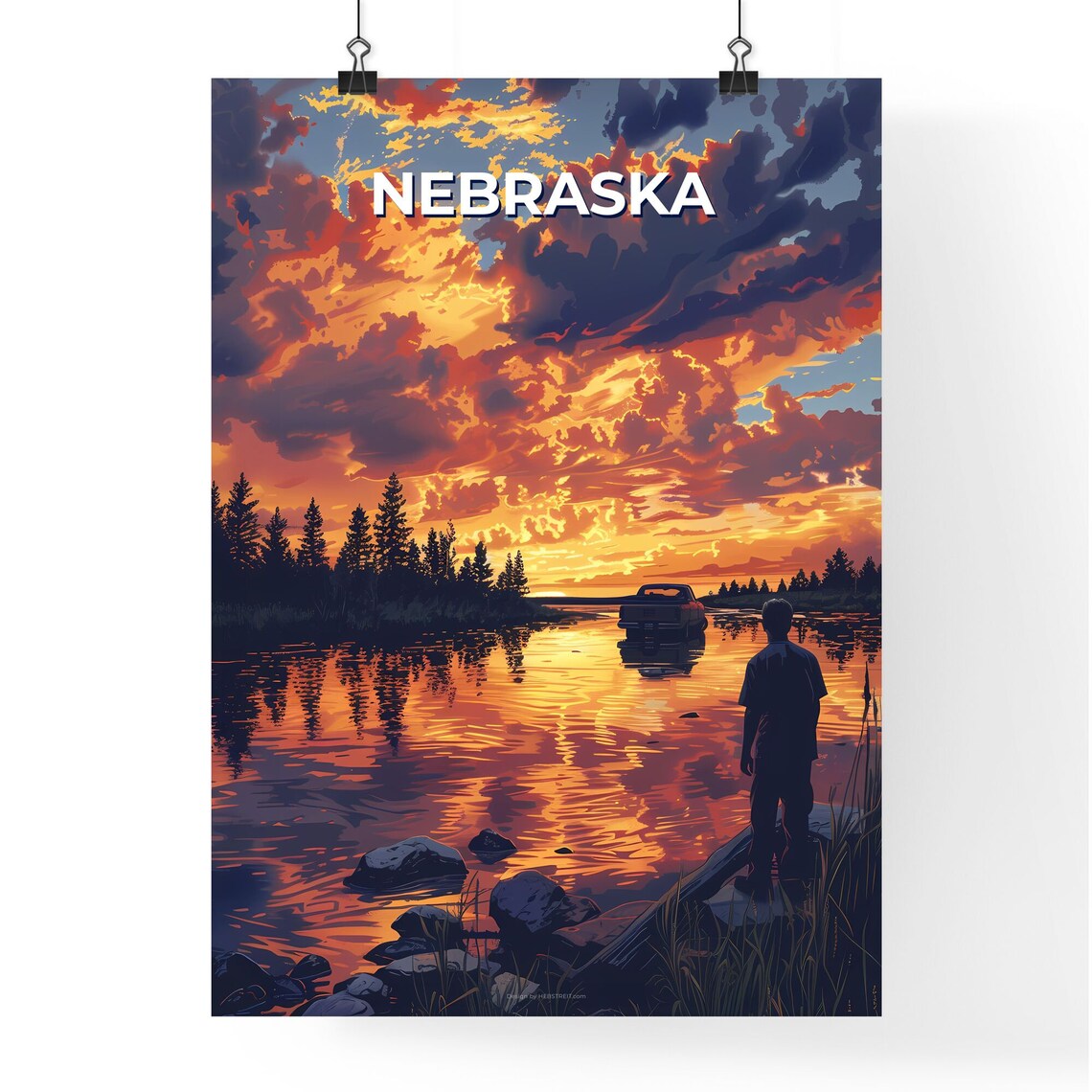 Nebraska Lake Sunset Pickup Truck Shoreline Dramatic Sky Poster - Image 4