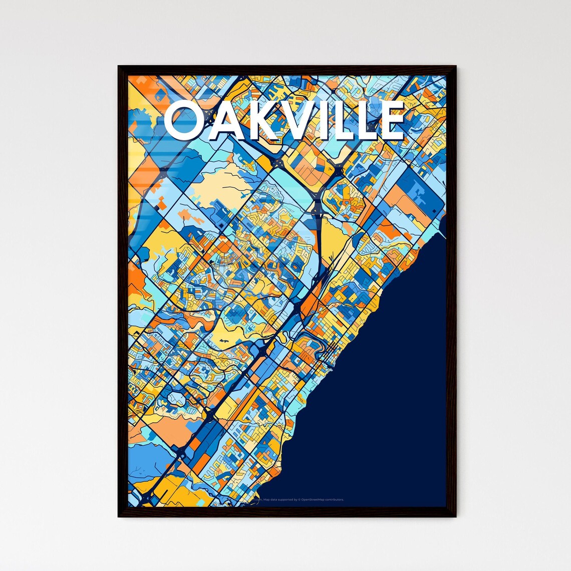 Oakville Canada Bold City Map Art Poster in Navy Orange and Yellow