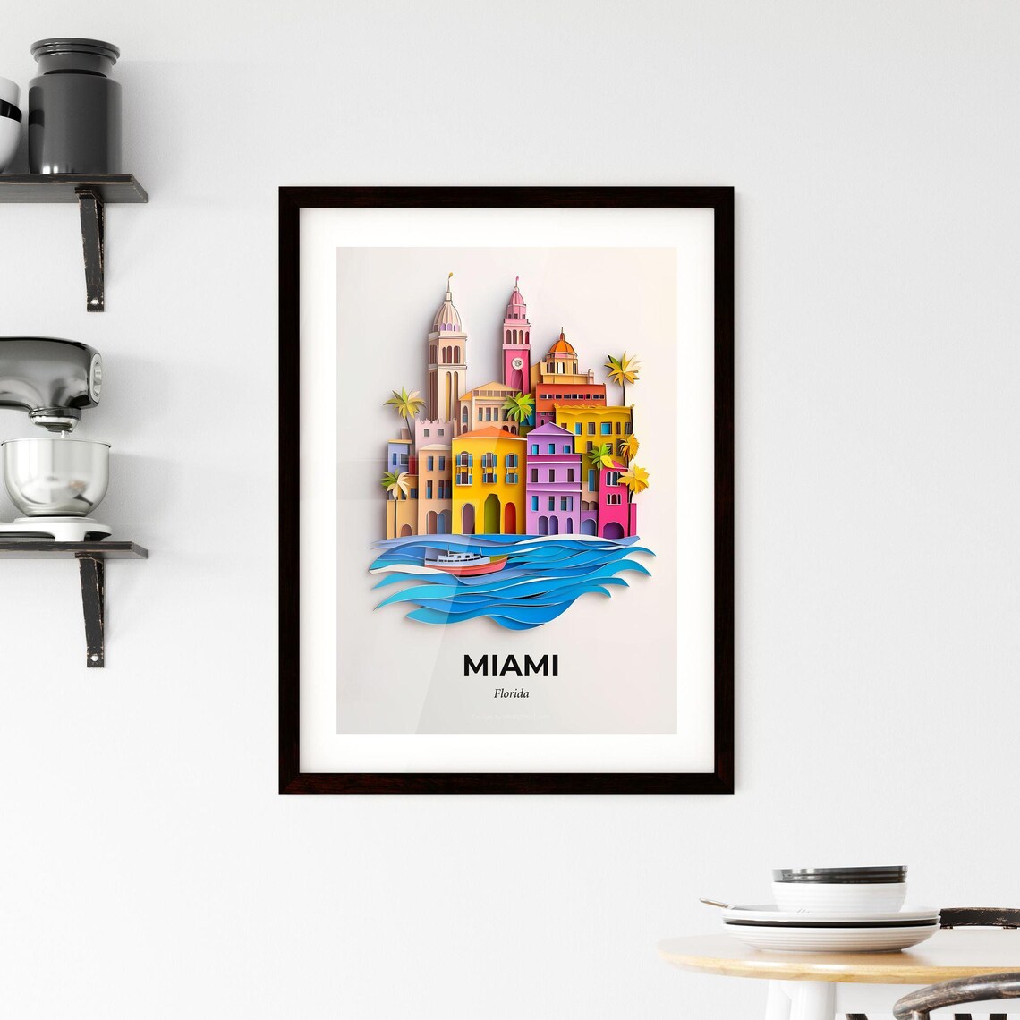 Miami Florida 3D Paper Cut Colorful Waterfront Palm City Art Poster - Image 2