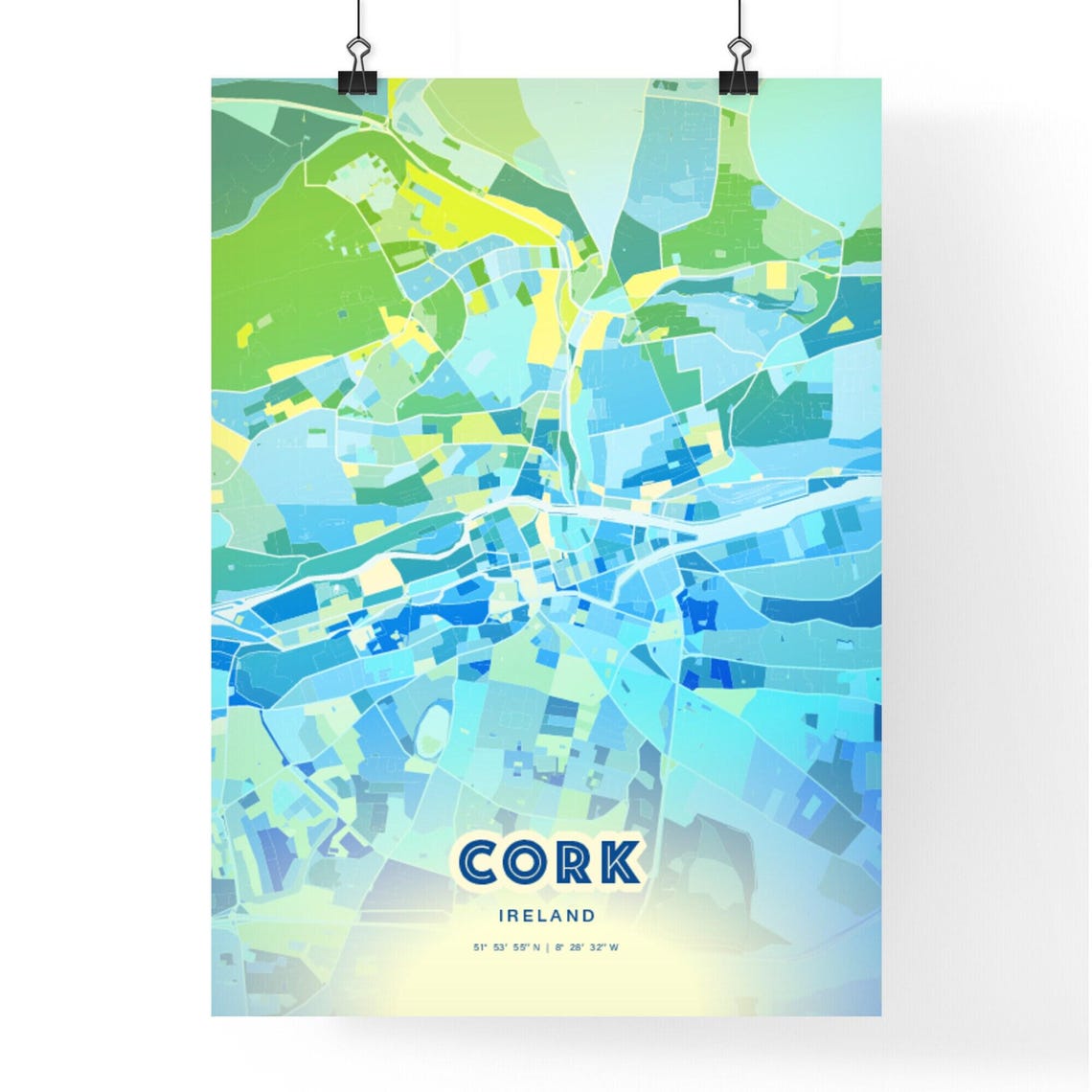 Cork Ireland Stylish Custom Blue Green City Map Poster Decor - Image 2