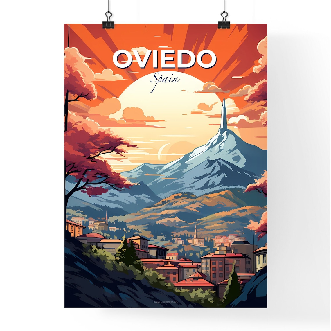 Oviedo Spain Fiery Sunset Mountain City Red Rooftop Travel Poster - Image 4