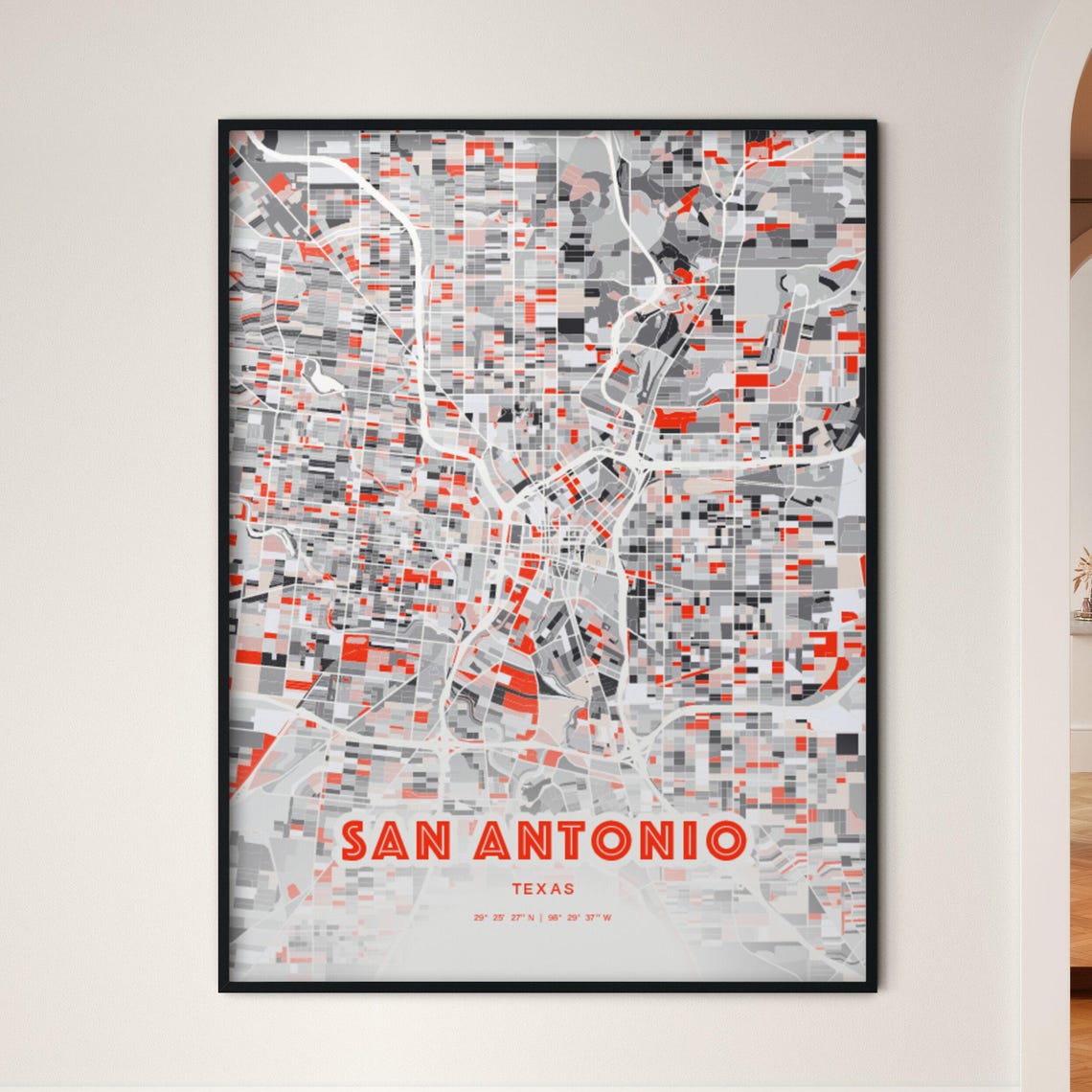 San Antonio Texas Expressive Red Abstract City Map Art Poster