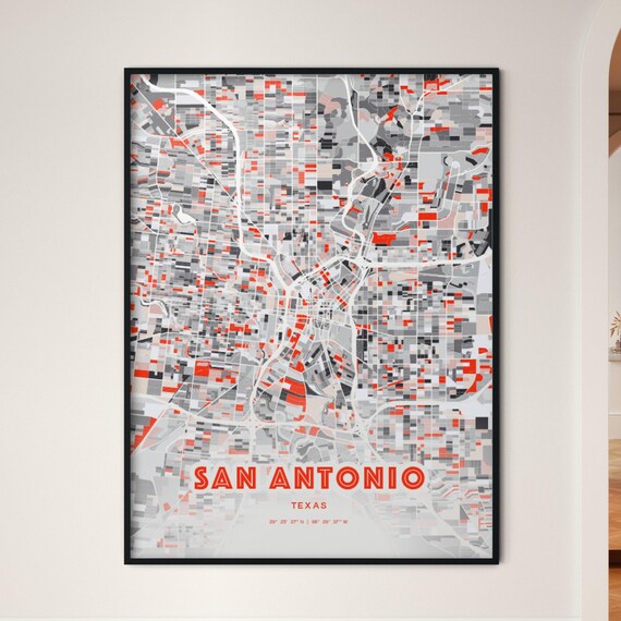 San Antonio Texas Expressive Red Abstract City Map Art Poster